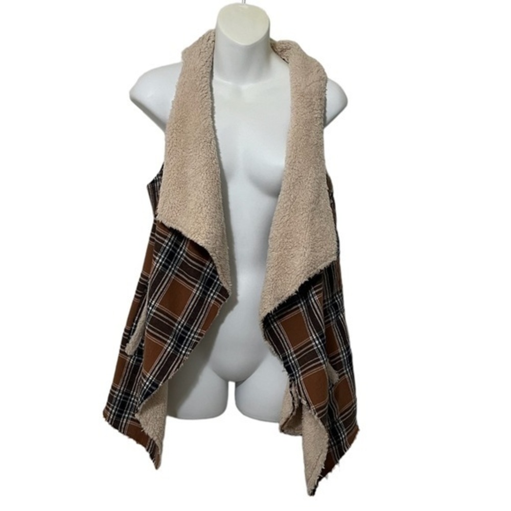 Entro Brown, Navy & Cream Plaid Vest Cardigan Size S